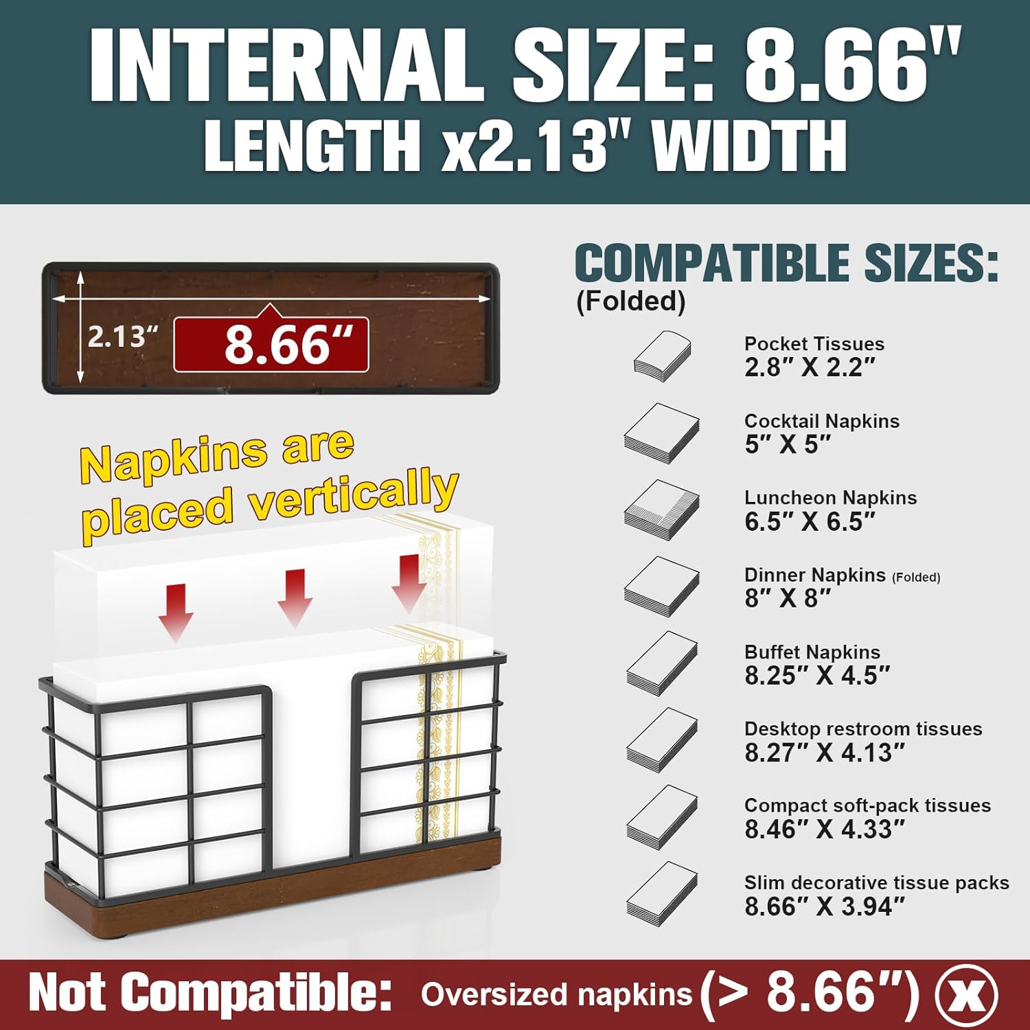 Wican Vertical Stance Bathroom Napkin Holder Takes Up Less Space for Small Guest Bathroom Oak and Iron Towel Tray for Powder Room Wooden Basket for Disposable Paper Hand Towels Black and Walnut