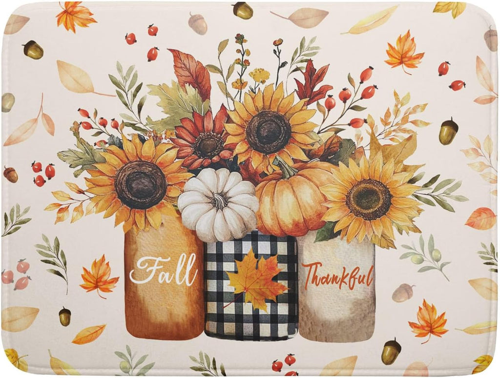 Autumn Sunflowers Vase Dish Drying Mat for Kitchen Counter,Fall Pumpkin Maple Leaves Drying Mat 18 x 24 Inch with High Absorbent Microfiber Dish Drying Drainer Mat for Coffee Bar
