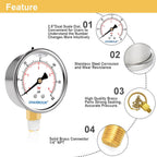 Glycerin Filled Pool Filter Pressure Gauge 60psi/4bar, Stainless Steel Case, Brass Inside Construction, 2-1/2" dial, 1/4" NPT Lower Connection Pre-Wrapped with Teflon Tape
