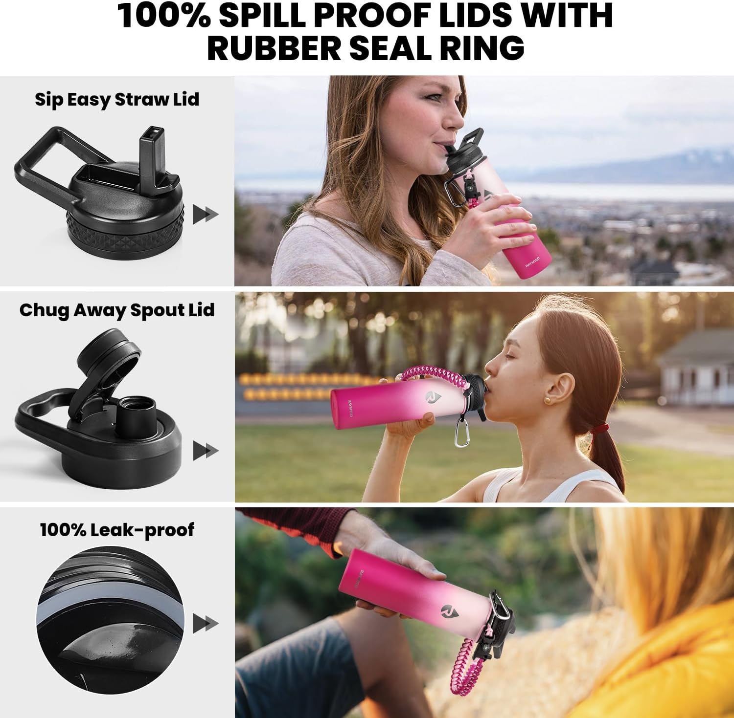 Insulated Water Bottle 24oz, Triple Wall Vacuum Stainless Steel (Cold for 48 Hrs, Hot for 24Hrs), Leak Proof & Non-BPA, 24oz Hydro Water Flask with Paracord Handle & Straw Spout Lids