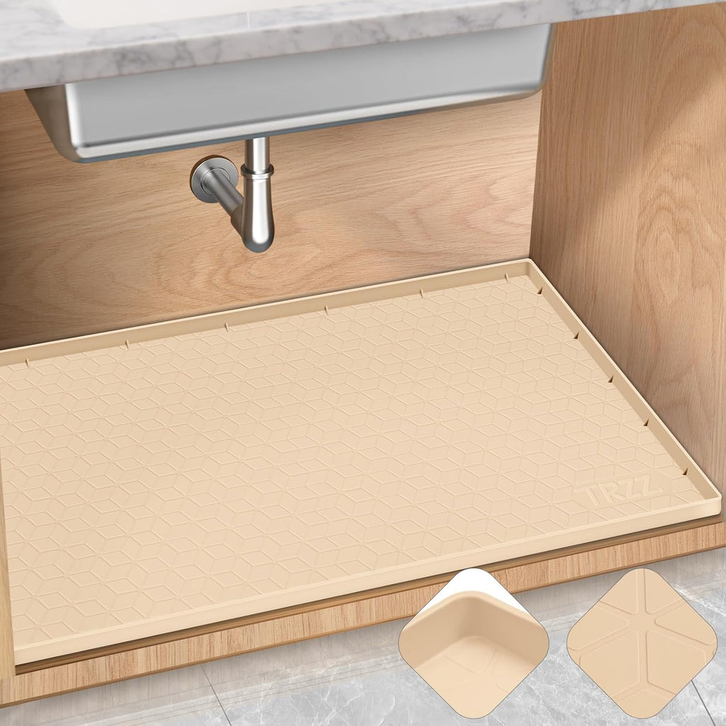 TRZZ Silicone Waterproof Under Sink Mat 22" x 19", Drip Tray and Cabinet Liner for Kitchen and Bathroom, Prevents Water Damage and Organizes Cabinets (Beige)
