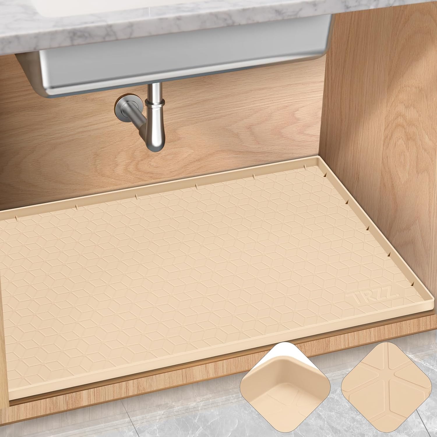 TRZZ Silicone Waterproof Under Sink Mat 28" x 19", Drip Tray and Cabinet Liner for Kitchen and Bathroom, Prevents Water Damage and Organizes Cabinets (Beige)