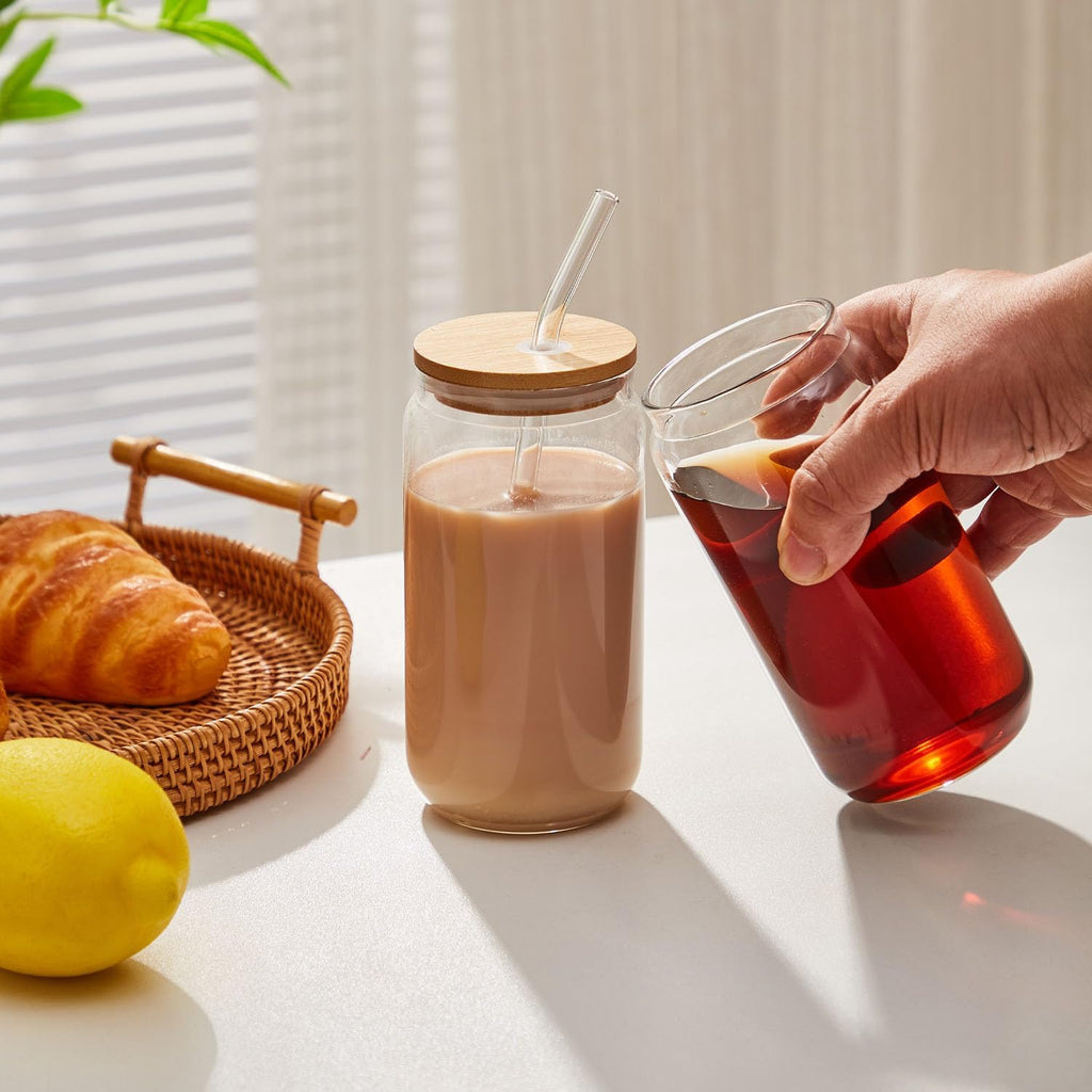 4pcs Set-16oz, Glass Cups with Bamboo Lids and Glass Straw - Beer Can Shaped,CuteTumbler Cup,Soda,deal for Cocktail,Iced Coffee Cups,4 Cleaning Brushes