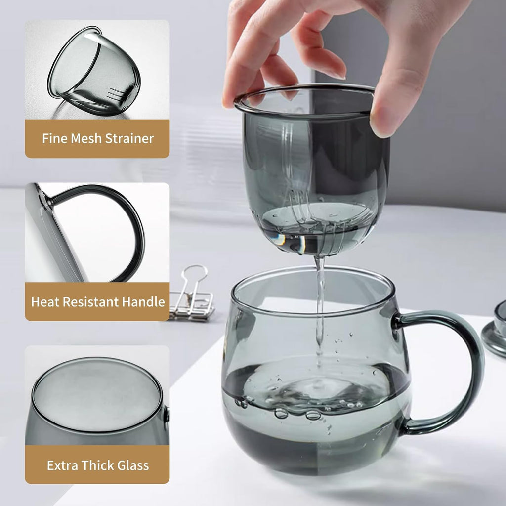 Glass Tea Cup with Infuser and Lid, 17.6oz/520ml Large Borosilicate Teacup, Clear Mug for Loose Leaf Tea, Blooming Tea, Tea Bags - Perfect Christmas or Birthday Gift for Men