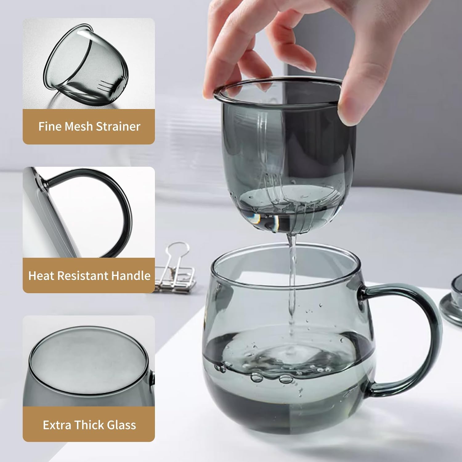 Glass Tea Cup with Infuser and Lid, 17.6oz/520ml Large Borosilicate Teacup, Clear Mug for Loose Leaf Tea, Blooming Tea, Tea Bags - Perfect Christmas or Birthday Gift for Men