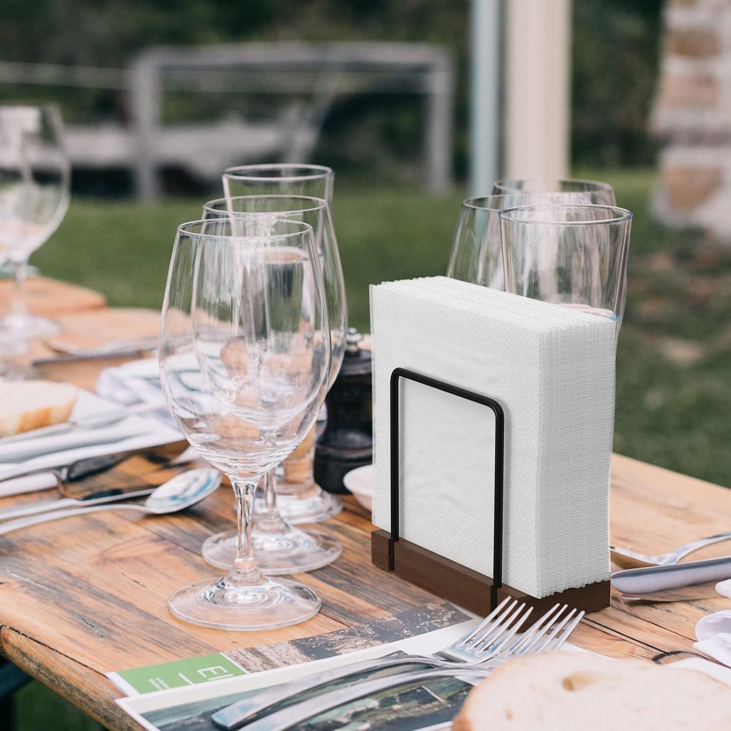 Napkin Holder for Table, Bamboo Iron Standing Napkin Dispenser for Dining Table Farmhouse Cocktail Picnic Rustic Wood Holders All Kitchen Dining Room Decor Black & Brown