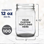 DISCOUNT PROMOS Custom Decorating Mason Jars 12 oz. Set of 100, Personalized Bulk Pack - Glass Jars for Overnight Oats, Candies, Fruits, Pickles, Spices, Beverages - Black