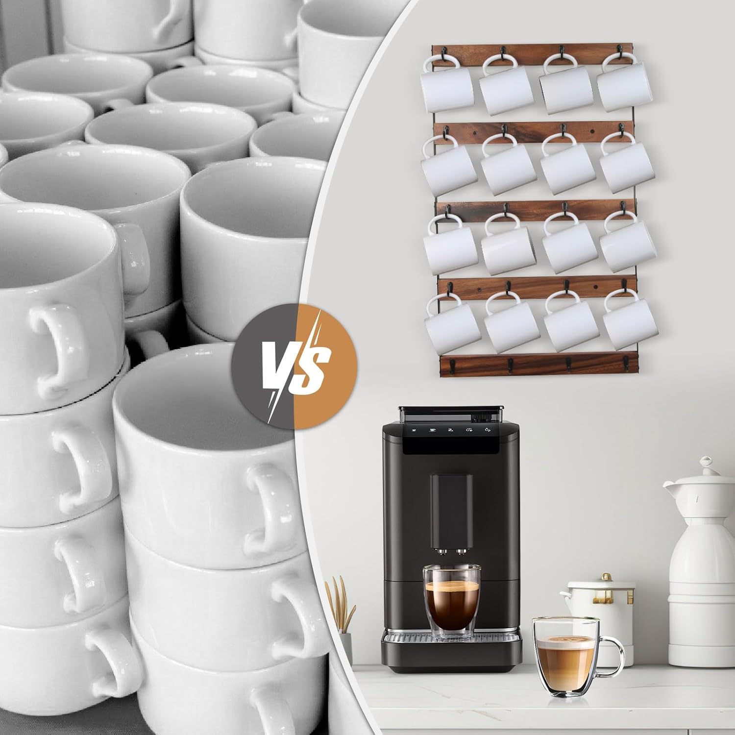 Wall Mounted Coffee Mug Holder, Large 5 Tier Shelf with 20 Hooks for Cups, Rustic Wooden Display Rack for Kitchens, Homes and Bars (Walnut)