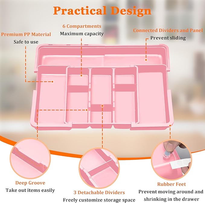 Large Utensil Drawer Organizer Expandable Silverware Organizer for Kitchen Drawer Adjustable Cooking Utensil Holder Cutlery Flatware Tray Spatula Tools Gadgets Storage Dividers Plastic Pink