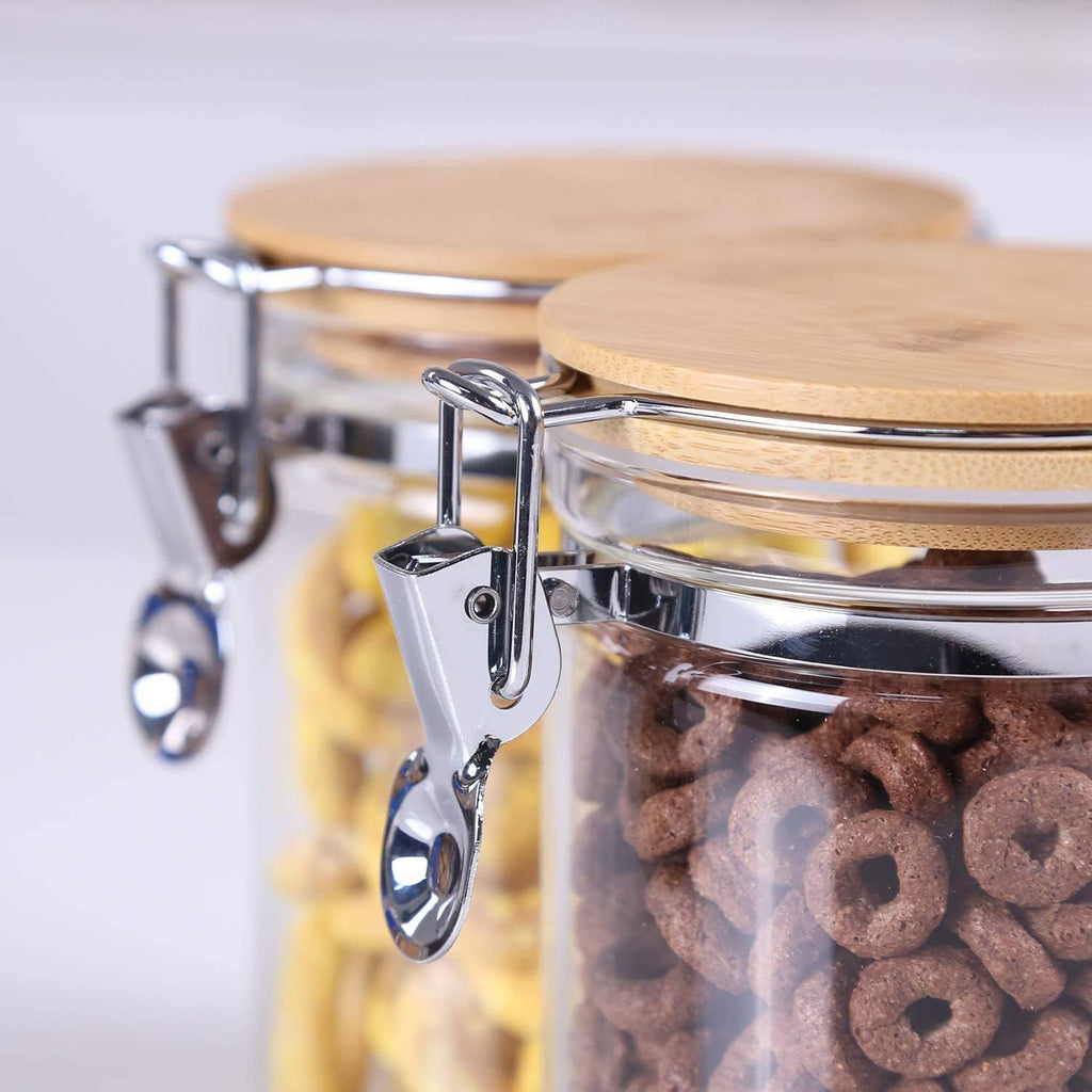 KKC HOME ACCENTS Clear Borosilicate Glass Storage Jars with Airtight Locking Clamp Lids,Glass Jar Canisters,Sealed Glass Jars with Bamboo Lid,Air tight Brown Sugar Salt Container,15 Fluid-oz