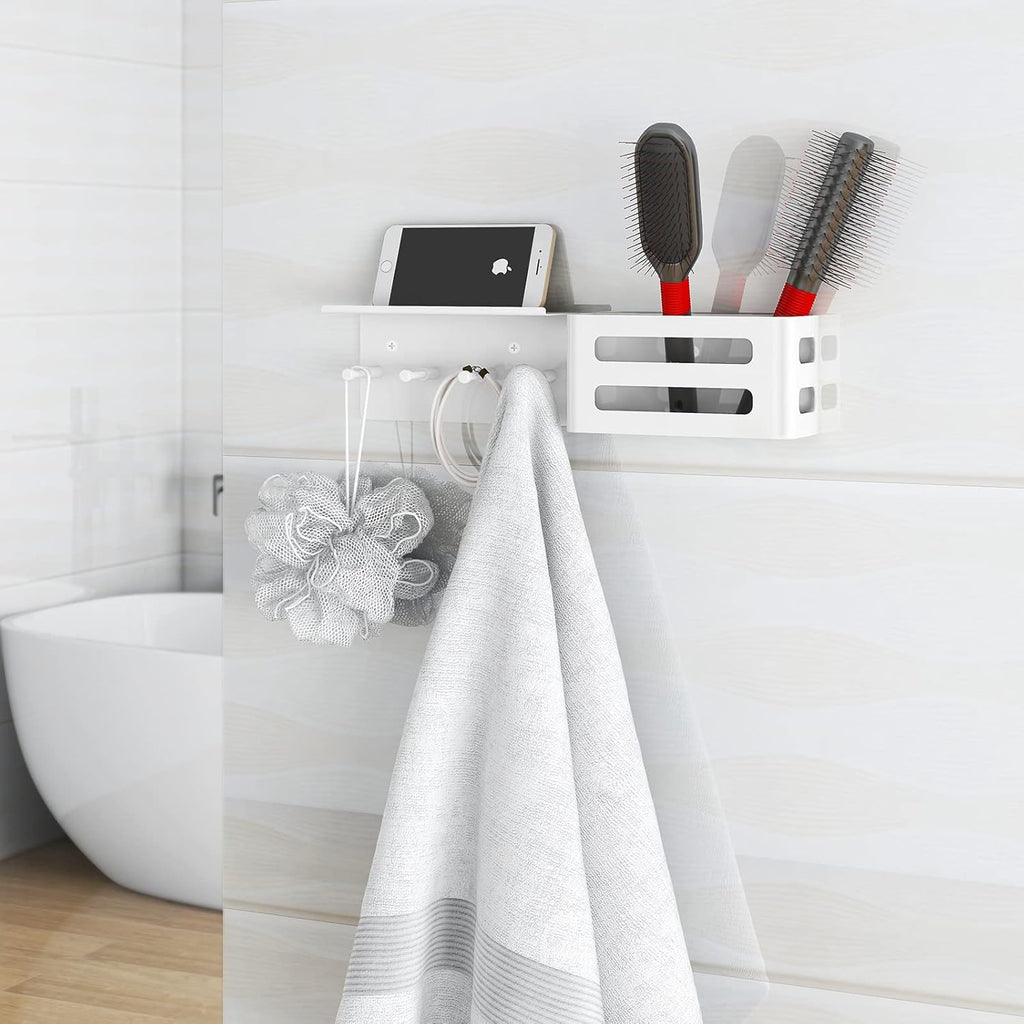 MKO Key Holder for Wall, 12.2In Mail Organizer Holder with Shelf, Metal Key Rack Adhesive Wall Mount, White