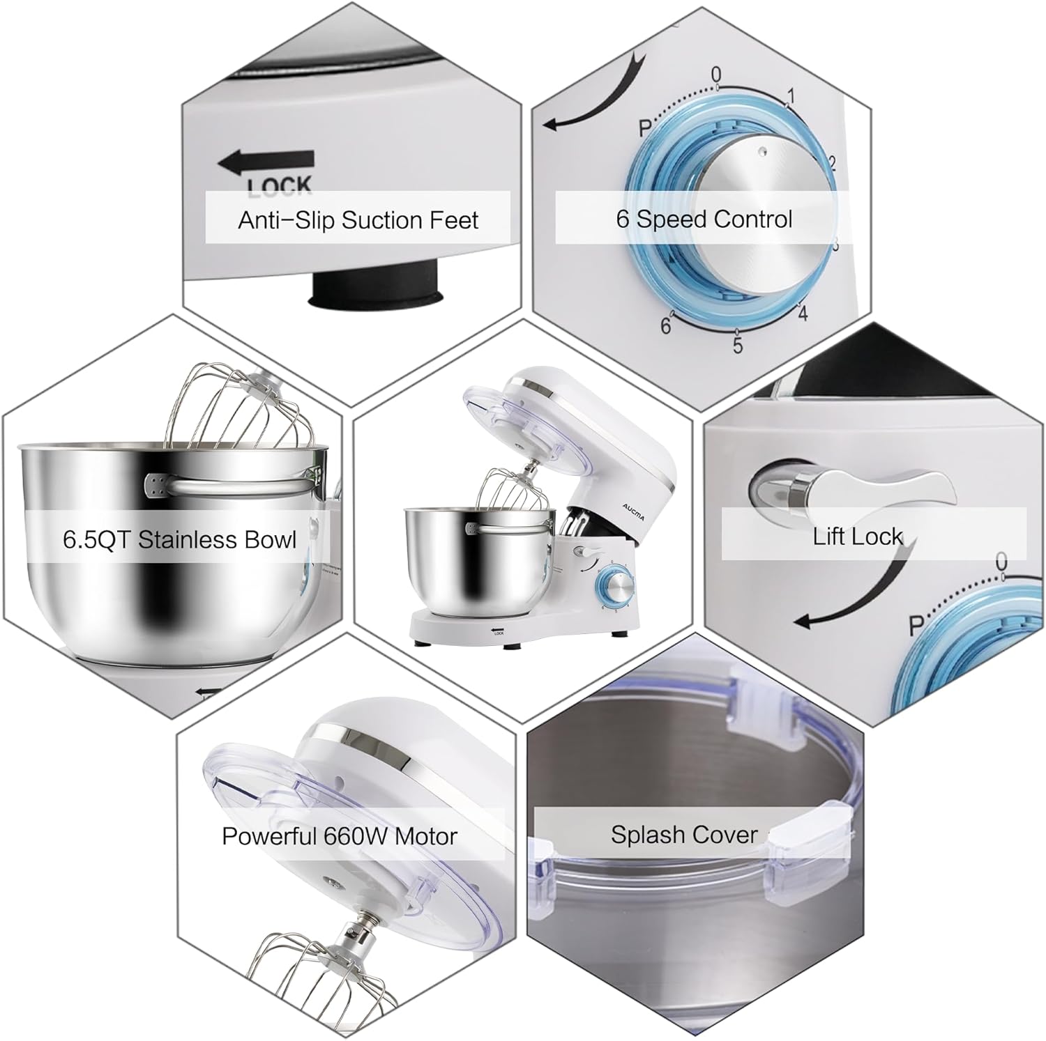 Aucma Stand Mixer,6.5-QT 660W 6-Speed Tilt-Head Food Mixer, Kitchen Electric Mixer with Dough Hook, Wire Whip & Beater (6.5QT, White)