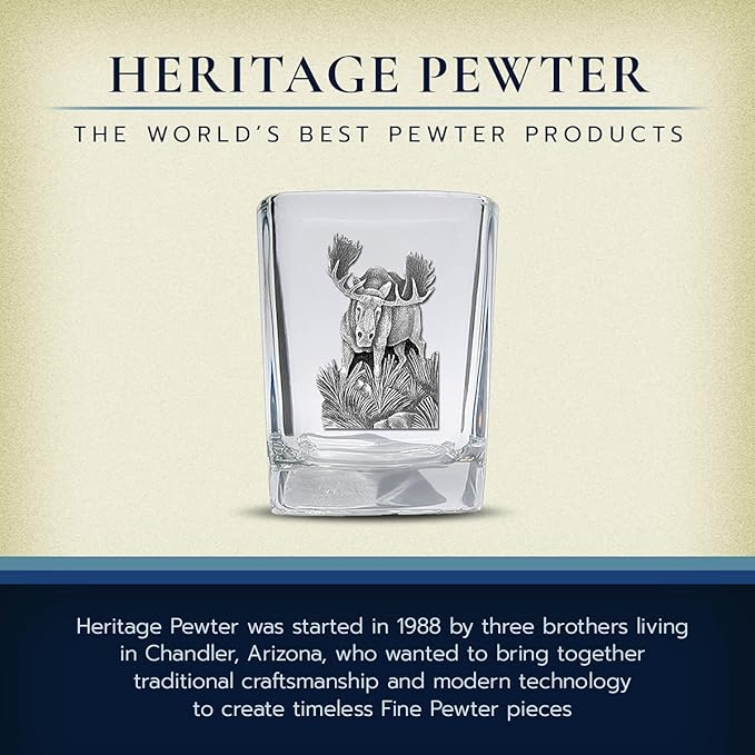 Heritage Pewter Moose Square Shot Glass | Hand-Sculpted 1.5 Ounce Shot Glass | Intricately Crafted Metal Pewter Inlay