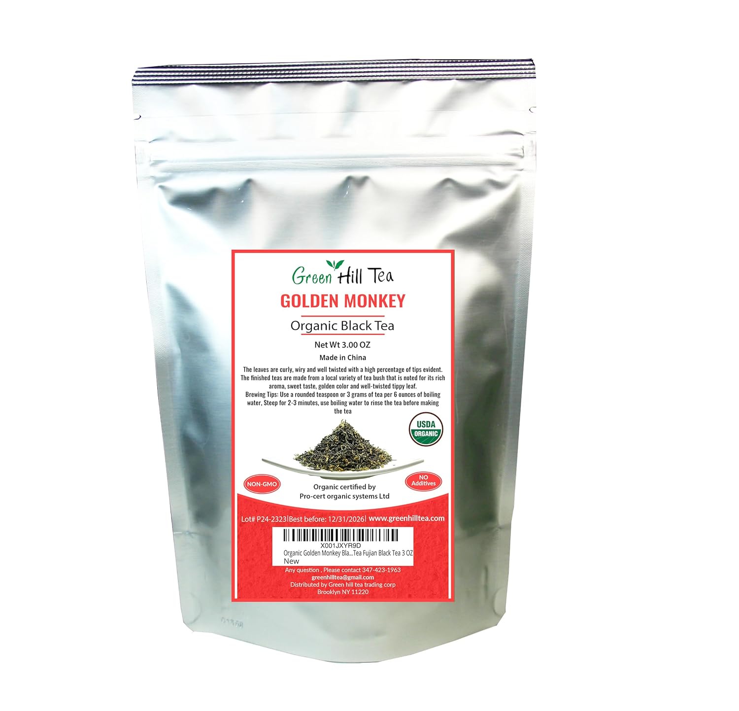 Greenhilltea,Organic Golden Monkey Black Tea Premium Loose leaf Tea Fujian Black Tea 3 oz