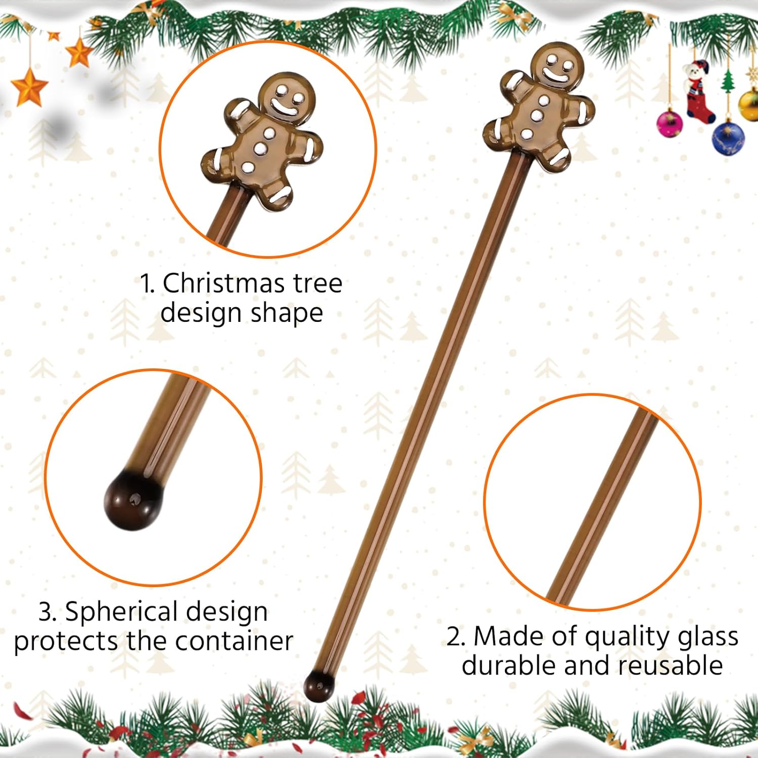 12 Pcs Christmas Glass Drink Stirrers 7 Inch Xmas Stir Sticks Reusable 3D Coffee and Cocktail Stirrers Hot Cocoa Bar Supplies for Holiday Party Favors (Gingerbread Man)