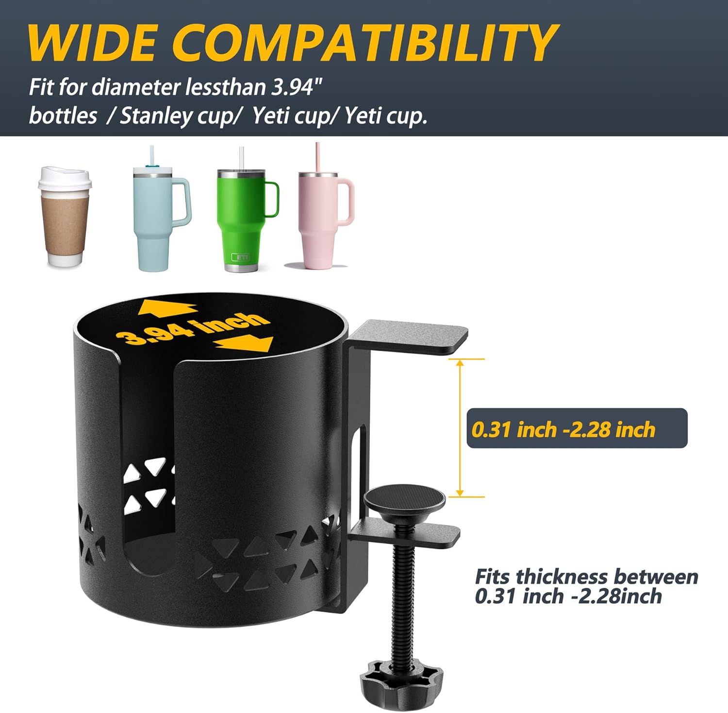 Desk Cup Holder Metal Under Desk 360° Rotating PC Gaming Accessories Anti-Spill Table Cup Holder Clamp on Chair for Coffee Mugs Stanley YETI Bottles, Pencil Holder