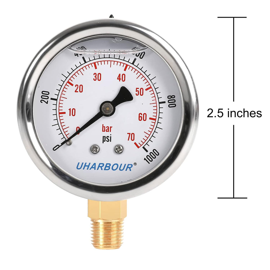 Glycerin Filled Pressure Gauge 1000psi/70bar, Stainless Steel case, Brass Inside Construction, 2-1/2" dial, 1/4" NPT Rear Connection.