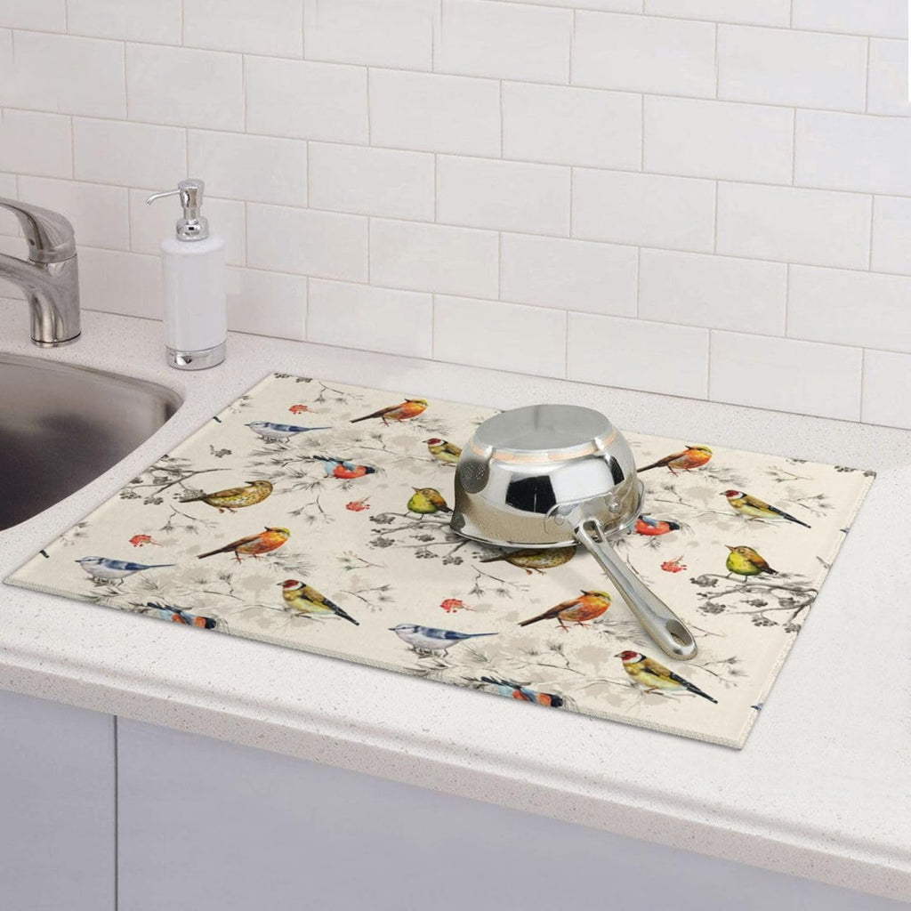 Spring Birds Dish Drying Mat Chinoiserie Watercolor Floral Branch Colorful Bird Microfiber Absorbent Drying Mats Reversible Kitchen Countertop Protector Dishes Drainer Rack Pad 18x24 Inch