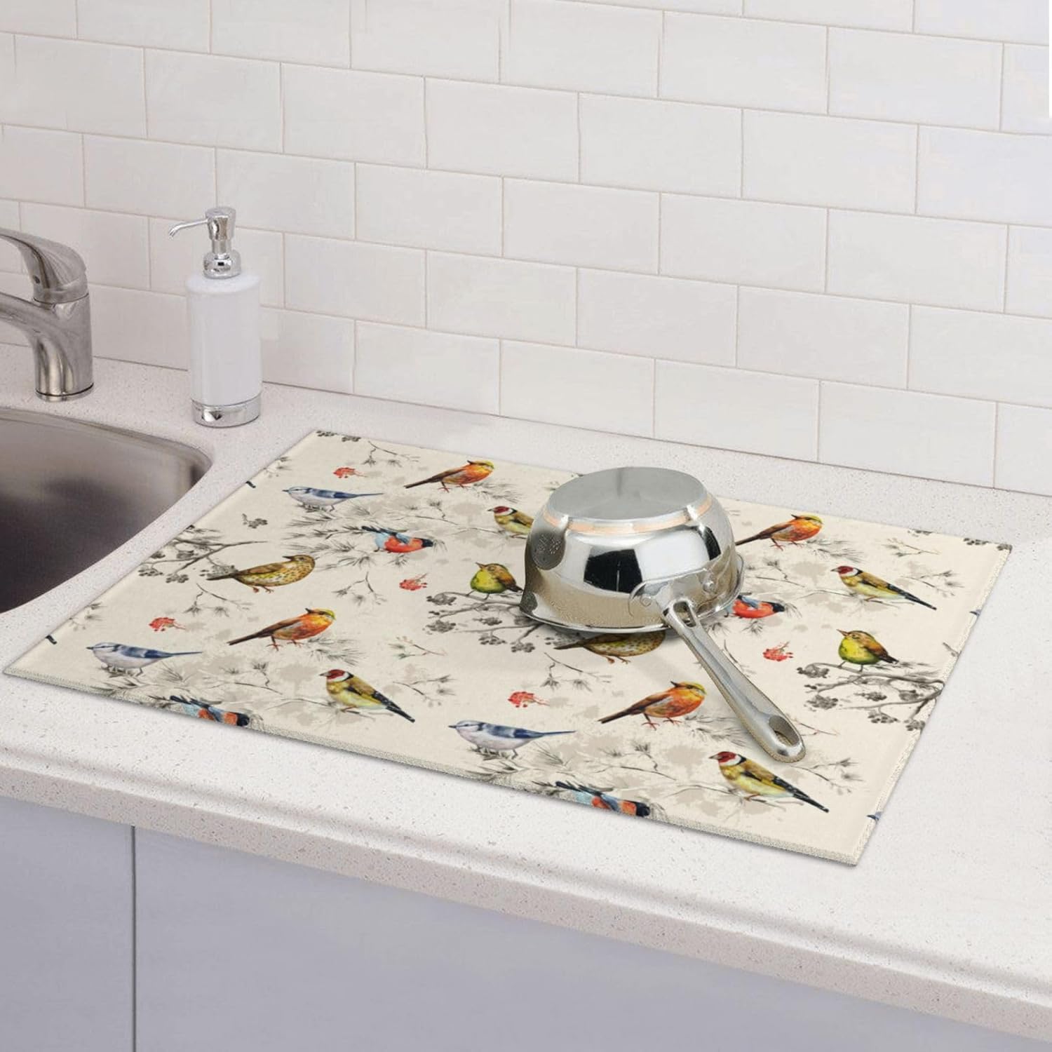 Spring Birds Dish Drying Mat Chinoiserie Watercolor Floral Branch Colorful Bird Microfiber Absorbent Drying Mats Reversible Kitchen Countertop Protector Dishes Drainer Rack Pad 18x24 Inch
