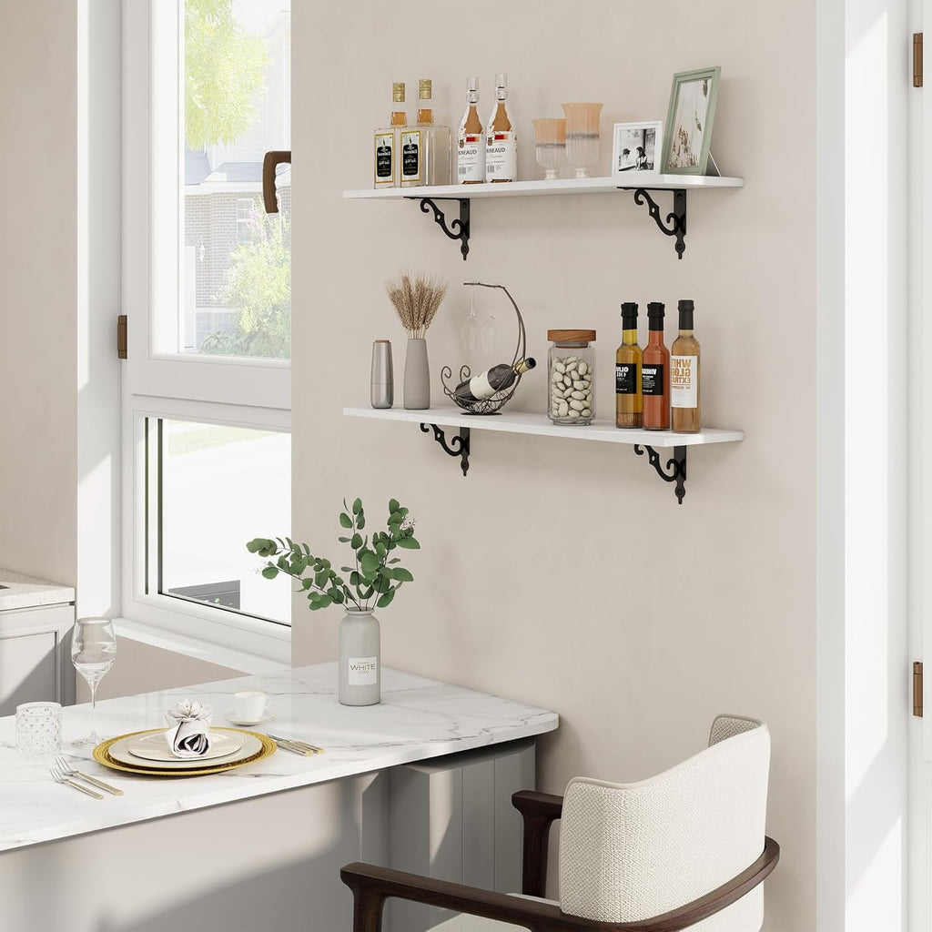 RICHFOCUS Floating Shelves for Wall Decor, 35.4W x 8D Wall Shelves Set of 2, 8 Inch Deep Rustic Wood Shelves Wall Mounted with Brackets, Long Floating Shelves for Living Room Bedroom Kitchen, White