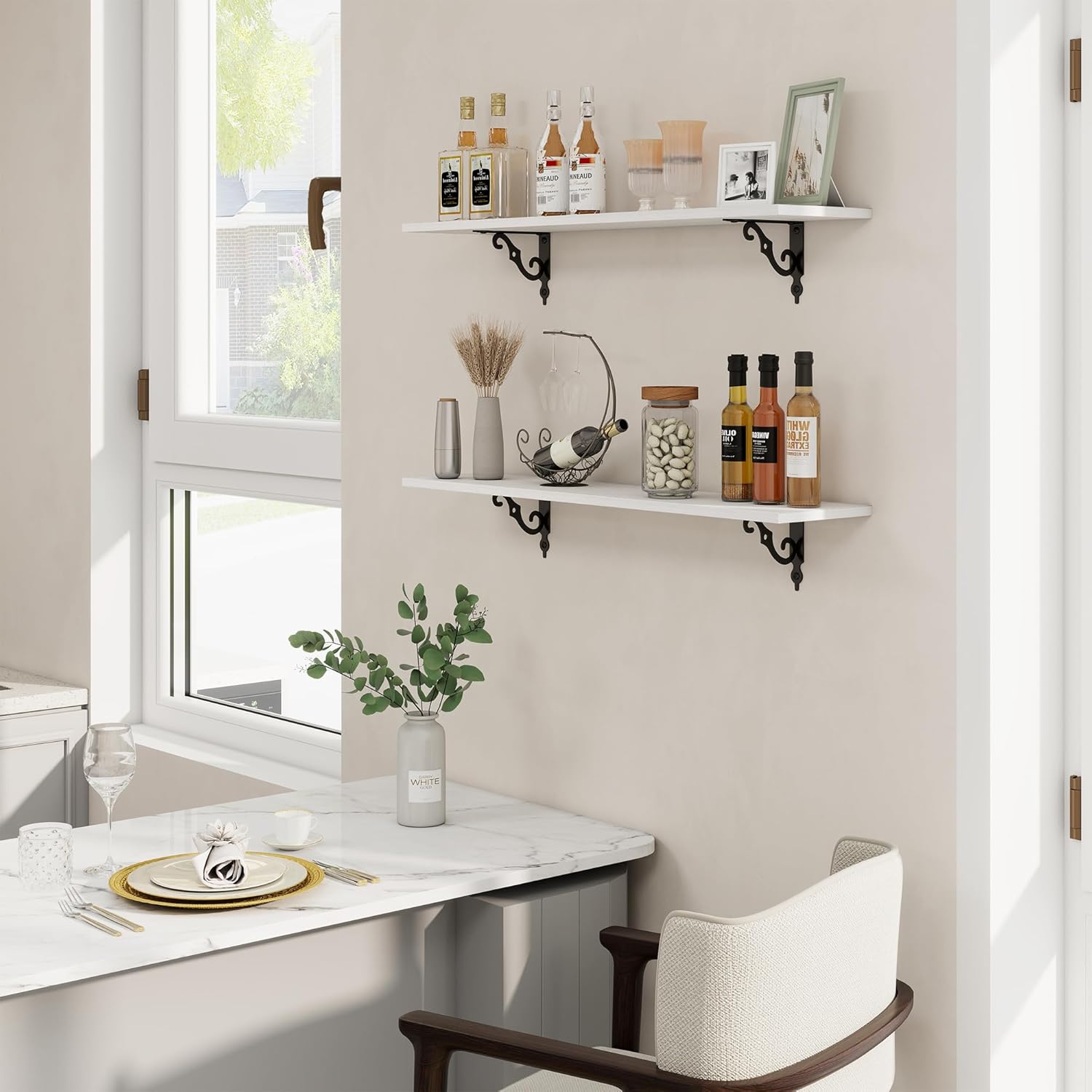 RICHFOCUS Floating Shelves for Wall Decor, 35.4W x 8D Wall Shelves Set of 2, 8 Inch Deep Rustic Wood Shelves Wall Mounted with Brackets, Long Floating Shelves for Living Room Bedroom Kitchen, White