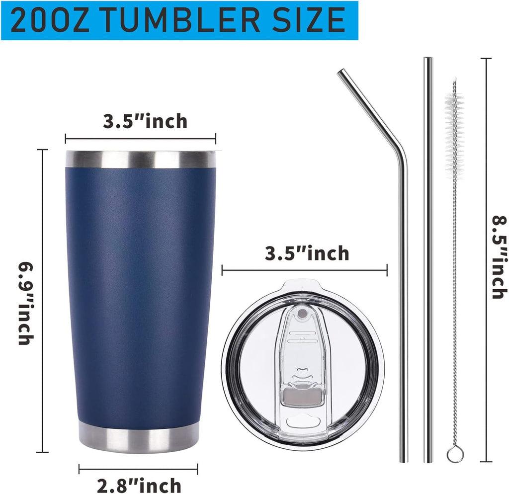 Pandance 20oz Stainless Steel Insulated Tumblers with Lid and Straw Bulk, Double Wall Vacuum Water Cups for Hot & Iced Coffee Drinks Travel Mug (Navy Blue, 8 pack)