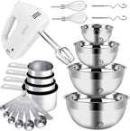 Hand Mixer Electric Mixing Bowls Set, 5 Speeds Handheld Mixer with 4 Nesting Stainless Steel Mixing Bowl, Measuring Cups Spoons 200W Kitchen Blender Whisk Beater Baking Supplies For Beginner