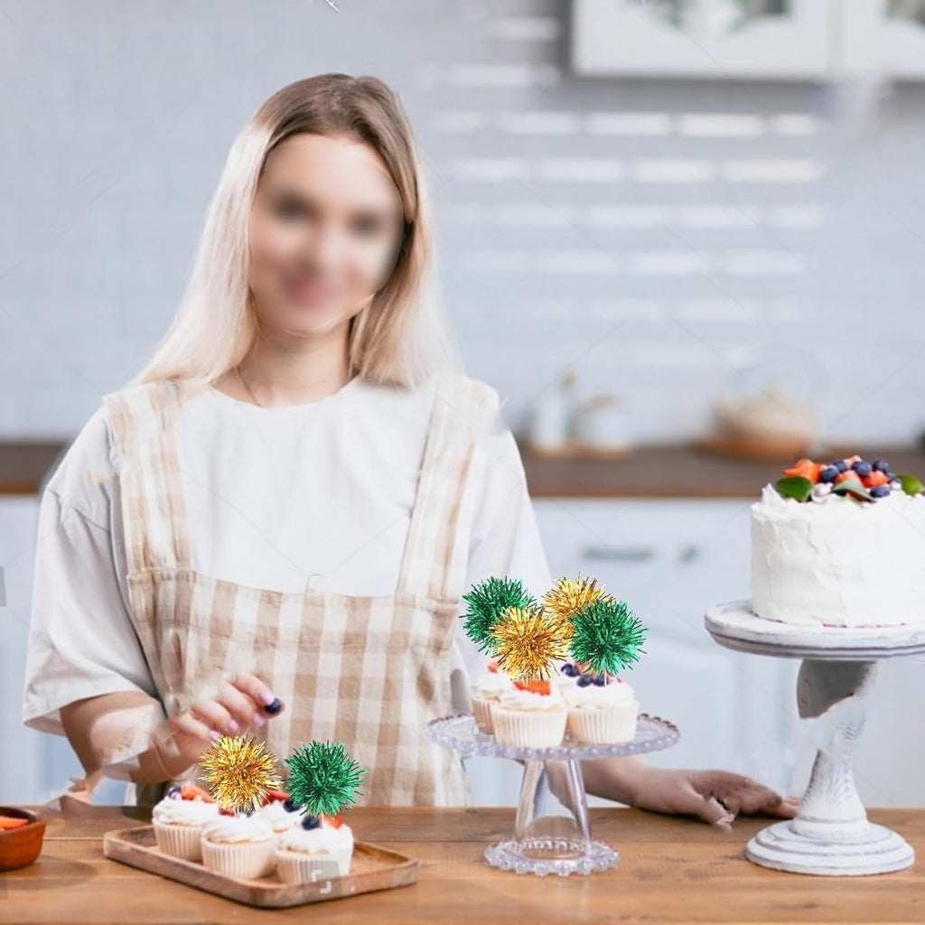 40 PCS Foil Firework Cupcake Toppers Fireworks Cupcake Picks Sparkle Tinsel Cake Decorations Cocktail Fruit Toothpick for Firework Theme Birthday Wedding Graduation Party Decor Supplies Gold Green