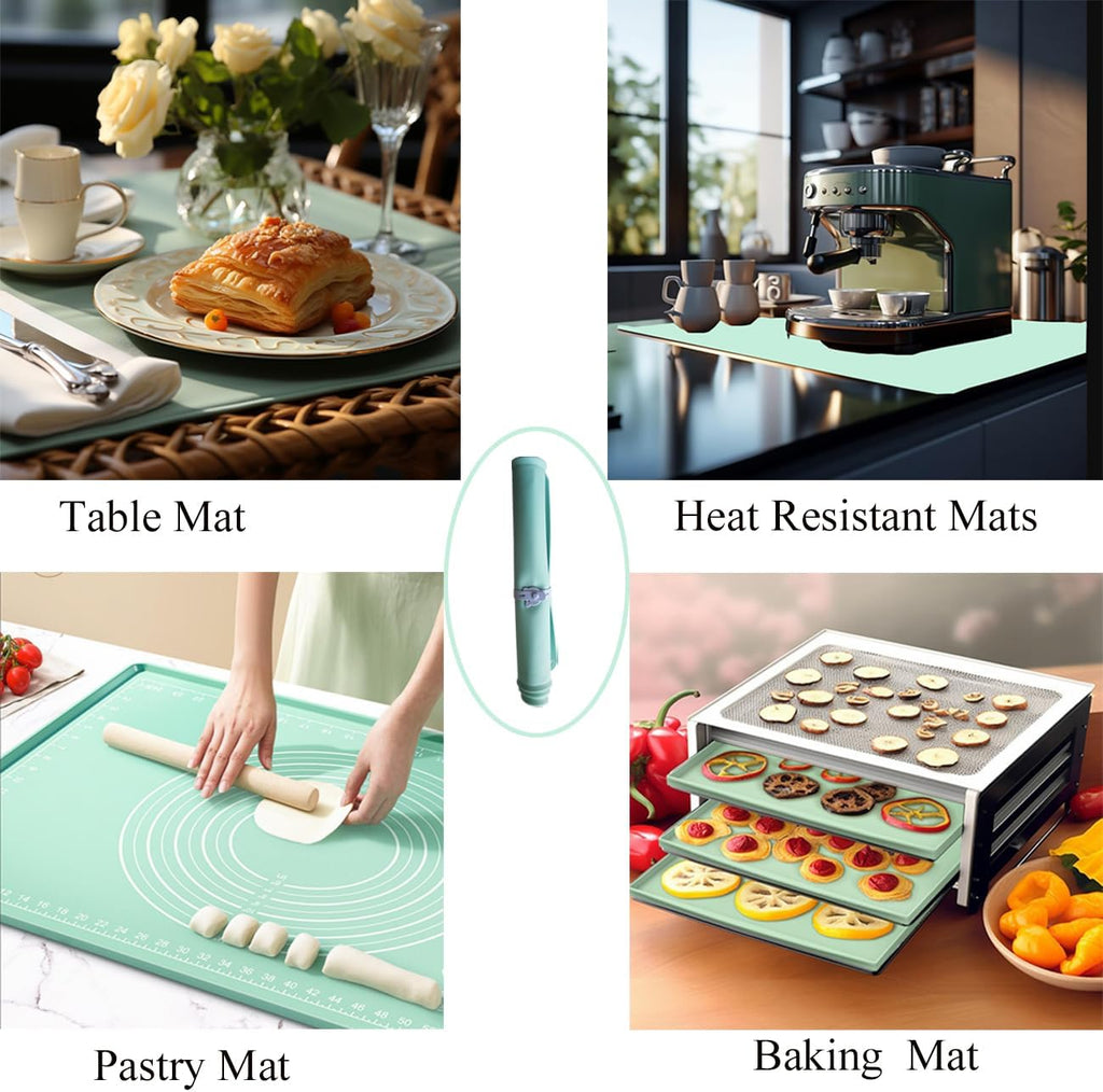Silicone Pastry Mat 24"*16" Extra Thick Non Stick Baking Mat with Measurement Food Grade Silicone Rolling Dough Mat, Fondant, Pie Crust Mat, Kitchen Mat with Hang Holes, Raised Edge