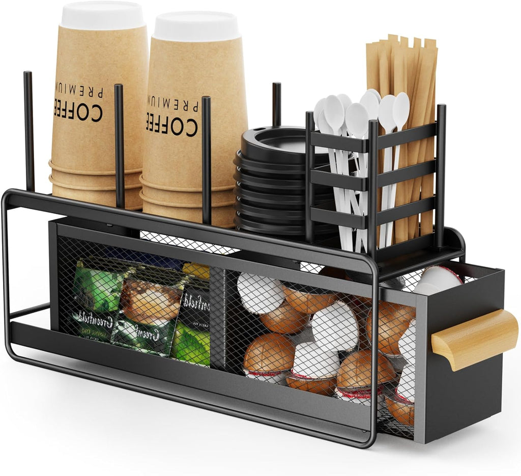 GSlife Cup and Lid Holder with Drawer - Metal Coffee Cup Dispenser with Straw Organizer, Narrow Coffee Bar Station for Countertop Kitchen Breakroom, Black