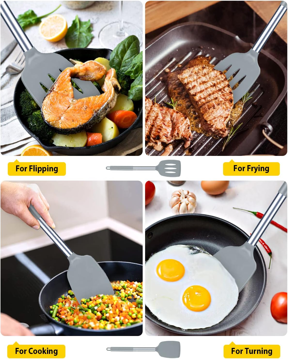 Pack of 2 Silicone Solid Turner, Non Stick Slotted Kitchen Spatulas, High Heat Resistant BPA Free Cooking Utensils, Ideal Cookware for Fish, Eggs, Pancakes(Gray)
