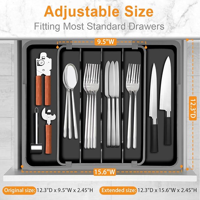 Homecor Silverware Organizer - Large Expandable Kitchen Drawer Organizer Utensil Holder, BPA Free Flatware and Cutlery Tray for Spoons Forks Knives, Plastic Kitchen Organizer and Storage