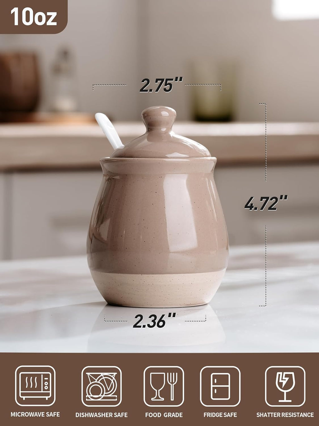 famiware Milkyway Sugar Bowl with Lid and Spoon, 10oz Ceramic Sugar Jar/Pot/Dispenser for Salt, Condiments, Spice, Seasonings, Sugar Container for Coffee Bar, Kitchen, and Countertop, Cinnamon Brown