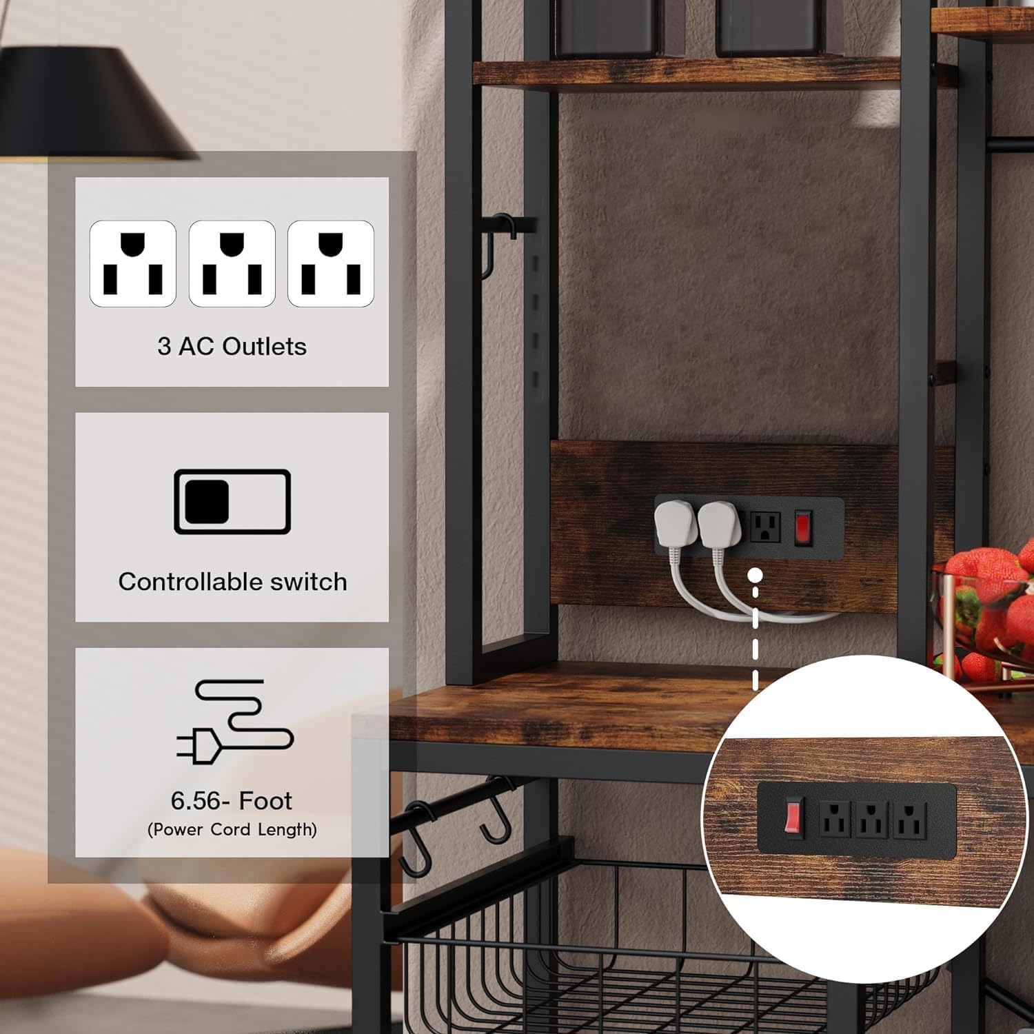 Standing Kitchen Baker’s Rack, Bakers Rack with Power Outlet, 6-Tier Microwave Stand, Coffee Bar with 12 S-Shaped Hooks, Kitchen Shelf with Storage, Coffee Bar Station, for Rustic Brown