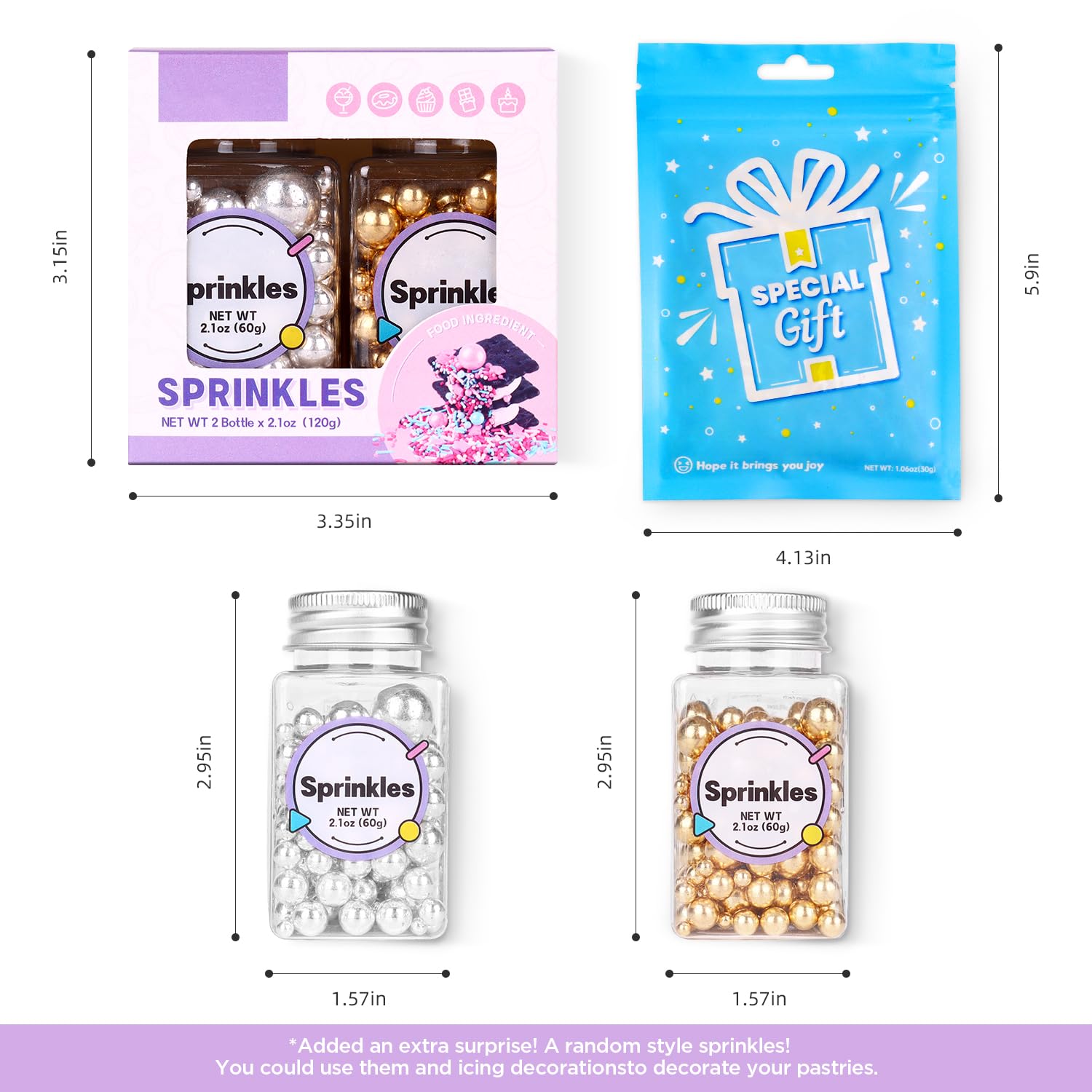 Pearl Sprinkles for Cake Decorating, Gold Pearl Sprinkles, Sliver Pearls Sprinkles, Sugar Pearls, Metallic Sprinkles Mix for Cake, Cupcakes, Macaron, Ice Cream, and Cookies. (120g/4.2oz)