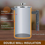 French Press Coffee Maker 34oz with Double-Insulated Stainless Steel Large Metal Coffee Press with 3 Layer Filtration System for Ultimate Coffee Tea Brewing in Travel Camping or Home