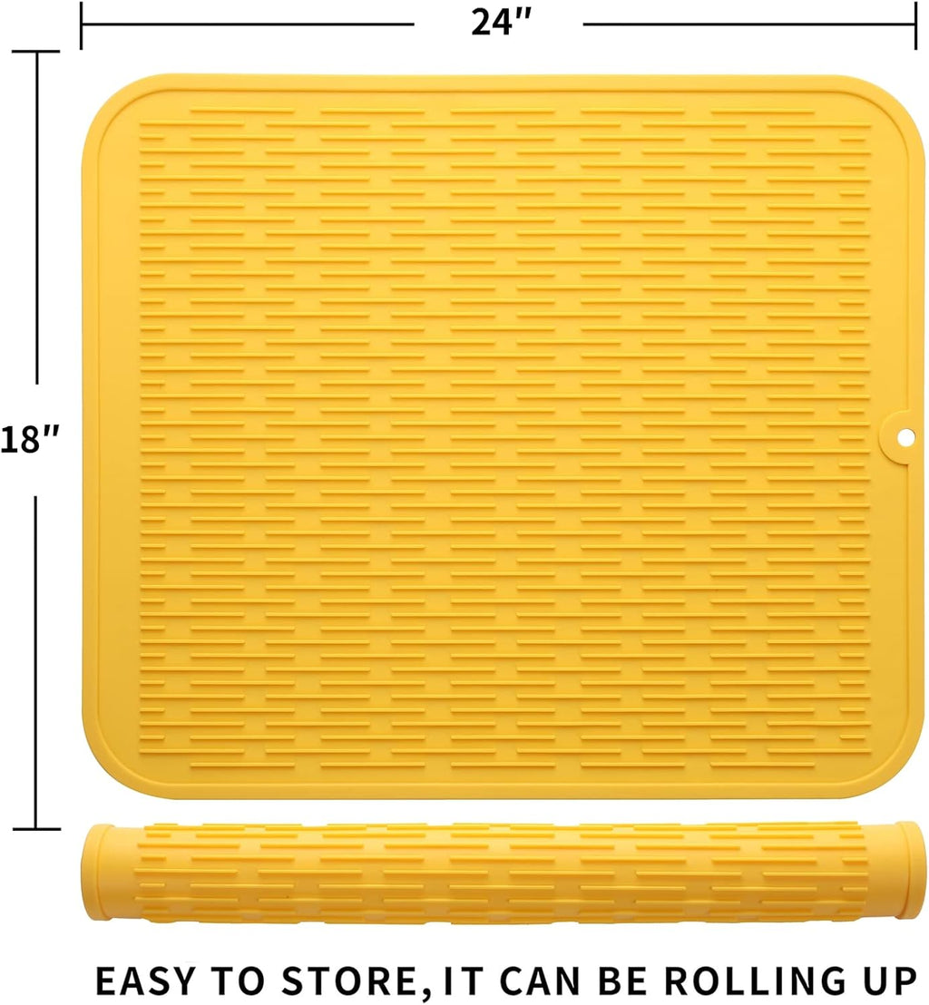 Silicone Dish Drying Mat for Multiple Usage,Easy clean,Eco-friendly,Heat-resistant Silicone Mat for Kitchen Counter or Sink,Refrigerator or Drawer Liner Yellow 2XL 24 inches x 18 inches