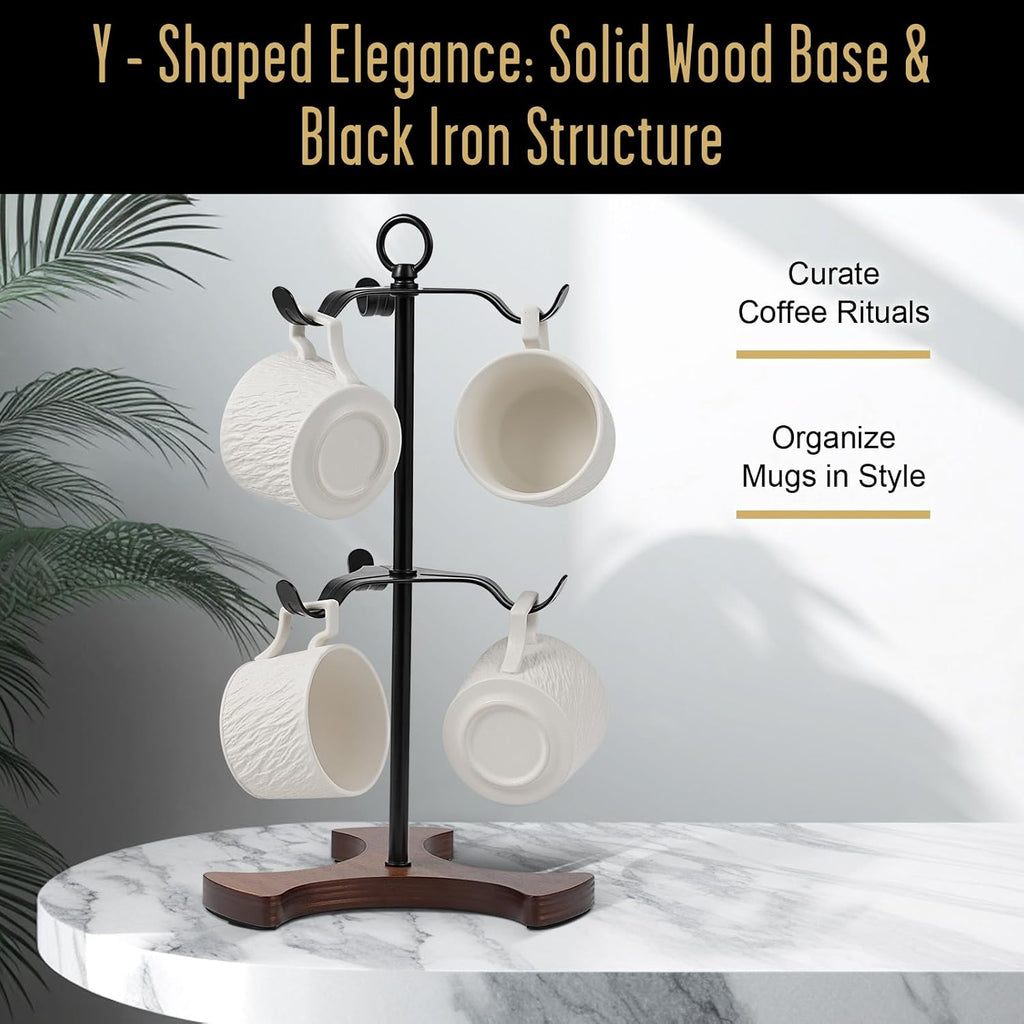 Mug Tree Y-Shaped, Coffee Mug Holder with Angled - Out Iron Hooks (No More Squeezing!), Solid Wood Base & Sturdy Iron Coffee Cup Rack, 6 Hook, Tools Included, Easy Install, Elevate Kitchen Nook Décor