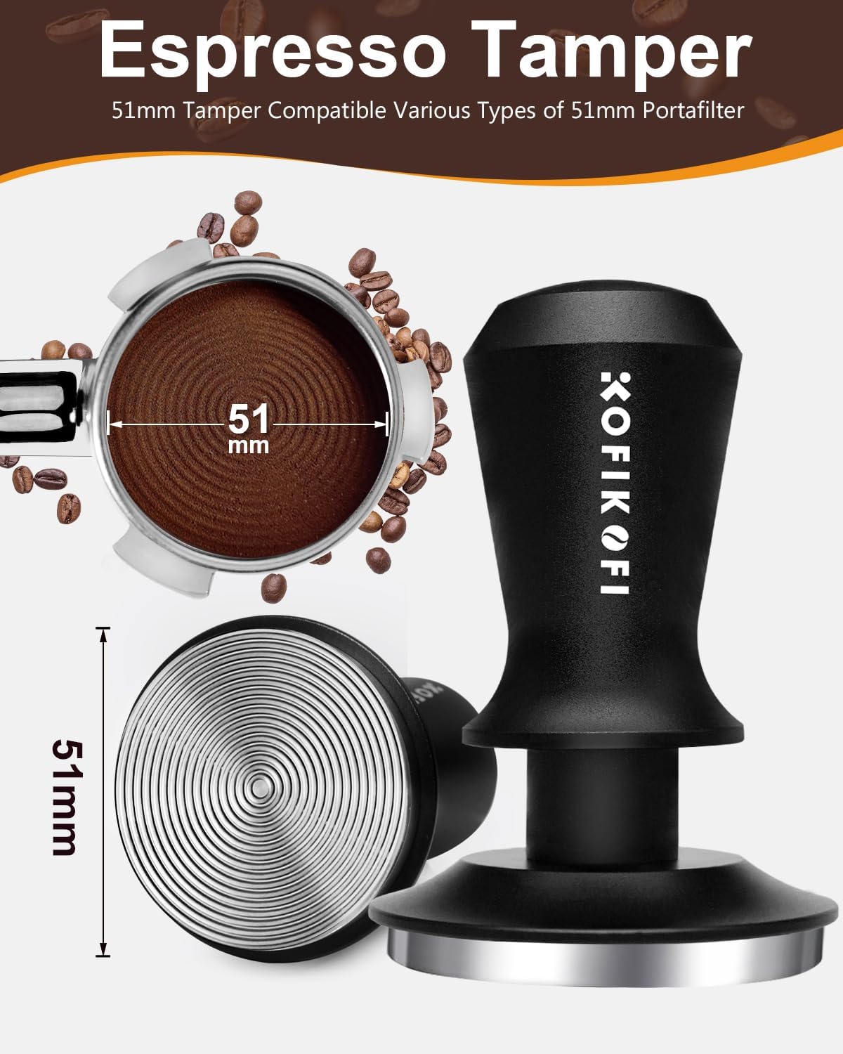 51mm Espresso Tamper, Coffee Tamper with 30lbs Spring Loaded, Barista Espresso Coffee Tamper with Stainless Steel Ripple Base and Aluminum Handle Fits for All 51mm Espresso Machines