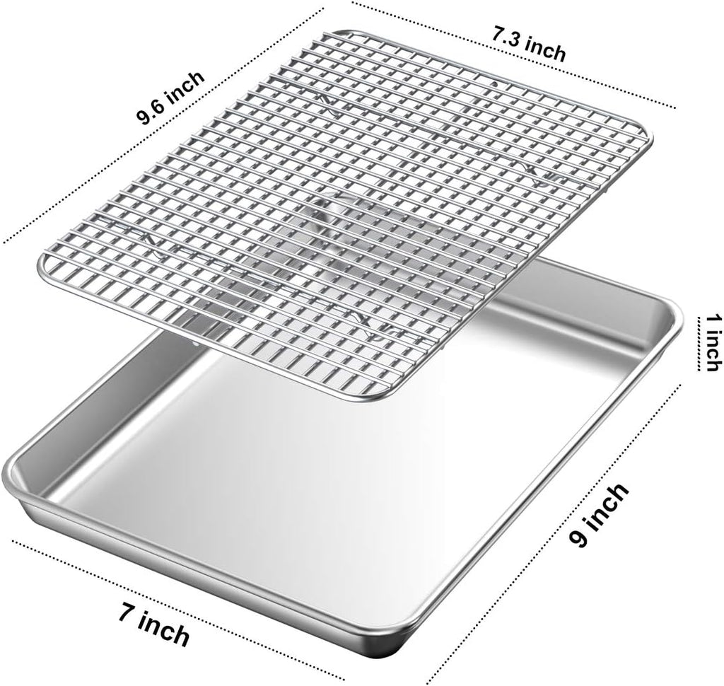 Baking Sheet with Rack Set [2 Pans + 2 Racks], Wildone Stainless Steel Cookie Sheet Baking Pan Tray with Cooling Rack, Size 10 x 8 x 1 Inch, Non Toxic & Heavy Duty & Easy Clean