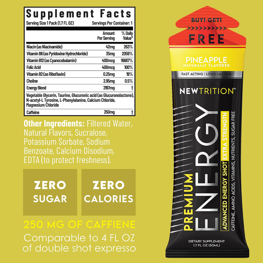 NewTrition® Extra Strength Energy Shots, 250mg Caffeine Energy Shots with Vitamin B & Amino Acids, Sugar-Free Vitamin Energy Shot, 1.7 fl oz (Pack of 12, Pineapple)