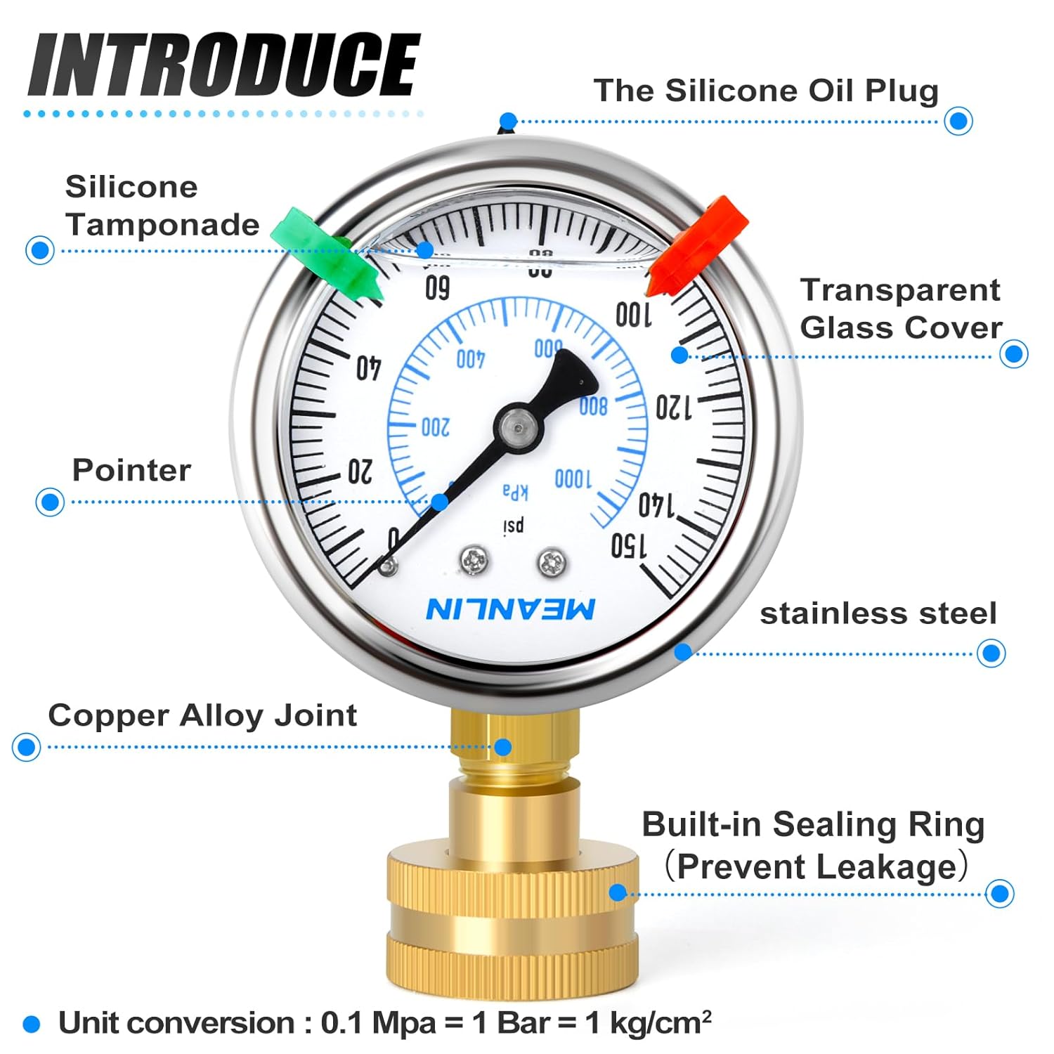 MEANLIN MEASURE 0~150Psi Stainless Steel Frame 3/4" Female 2.5" FACE DIAL Liquid Filled Pressure Gauge WOG Water Oil Air Water Pressure Test Table with Sealing Ring (with 2PCS Snaps)