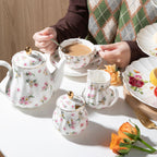 Porcelain Tea Sets British Royal Series, 8 OZ Cups & Saucer Service for 6, with Teapot Sugar Bowl Cream Pitcher Teaspoons and Tea Strainer, Suitable for High Tea, Wedding, Party（Spring Flowers）