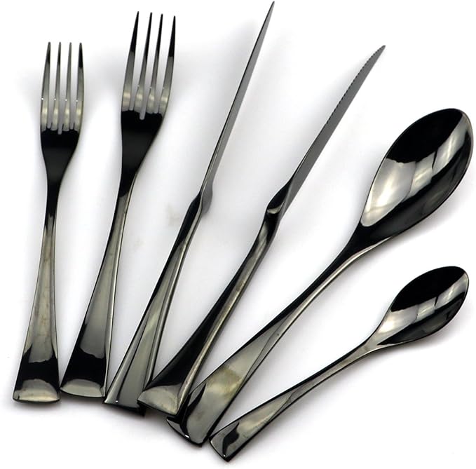 JASHII 18/10 Stainless Steel 24 Piece Mirror Polished Black Flatware Set,Dinner Knife Steak Knife Salad Fork Dessert Coffee Spoon，Service for 4 ，Black Utensil Sets