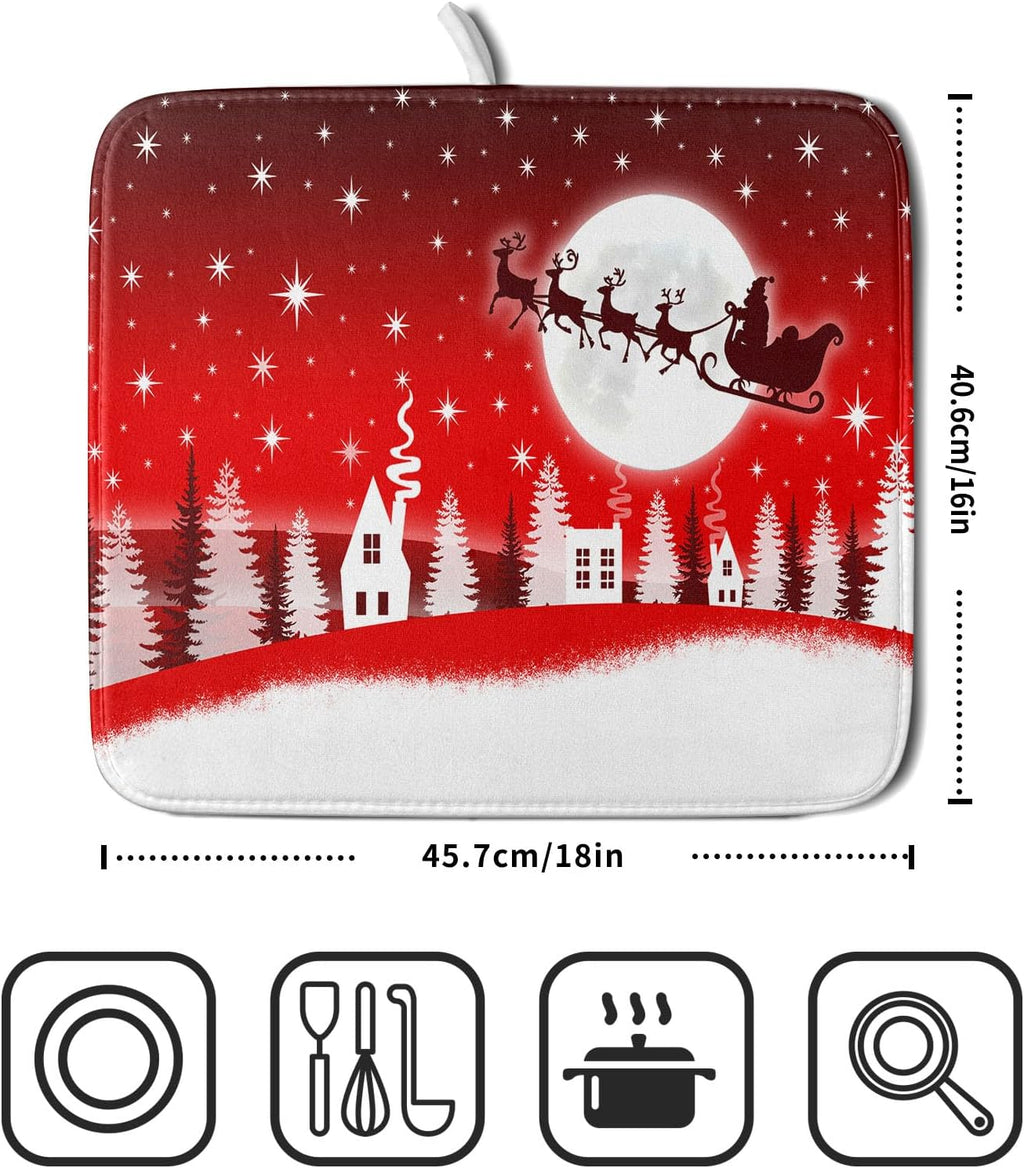 Christmas Reindeer Moon Star Red Dish Drying Mat for Kitchen Counter,White Xmas Tree Castle Drying Mat 16 x 18 Inch with Absorbent Reversible Microfiber Dish Drying Pad for Coffee Bar