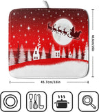 Christmas Reindeer Moon Star Red Dish Drying Mat for Kitchen Counter,White Xmas Tree Castle Drying Mat 16 x 18 Inch with Absorbent Reversible Microfiber Dish Drying Pad for Coffee Bar