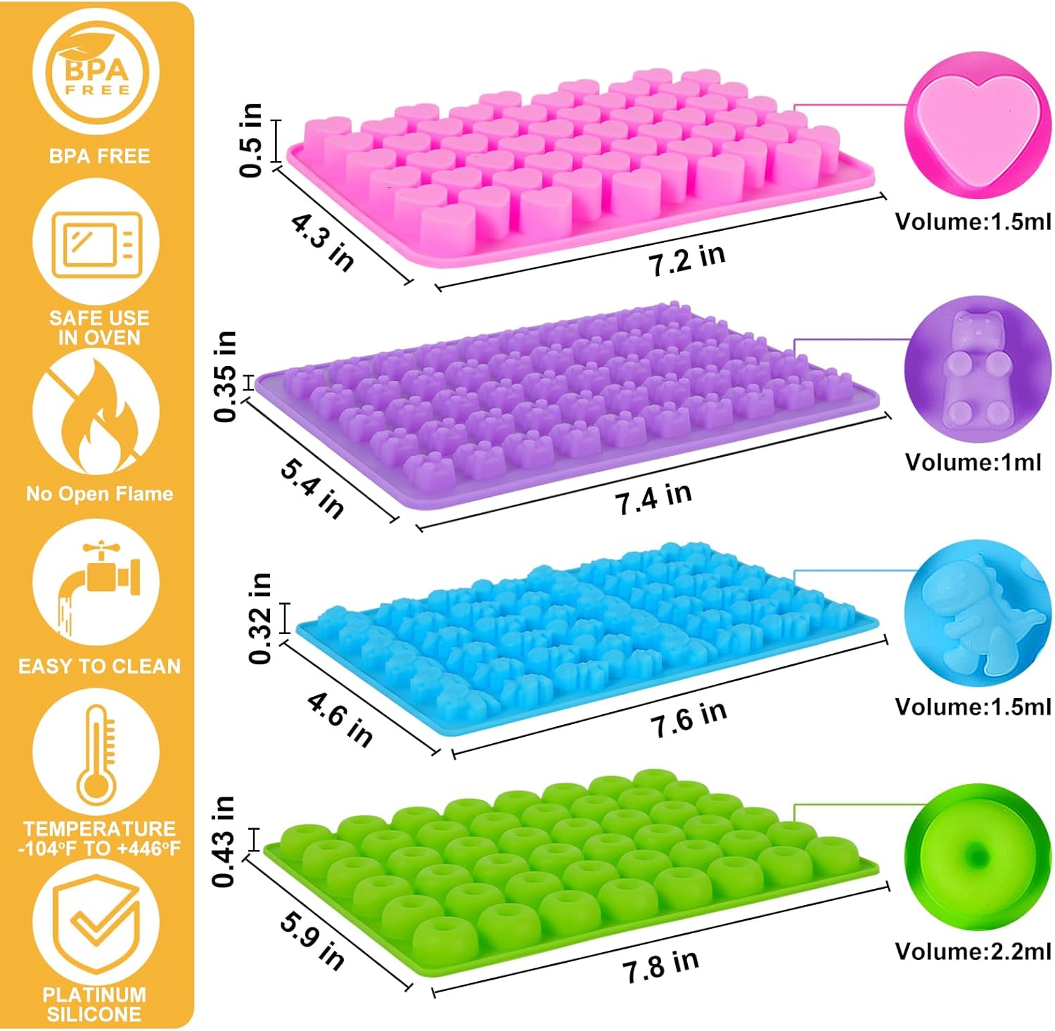 Silicone Gummy Bear Molds,4Pcs Non-stick Chocolate Candy Molds with 2 Droppers Including Mini Dinosaur, Bear Shape, Hearts and Mini Donut