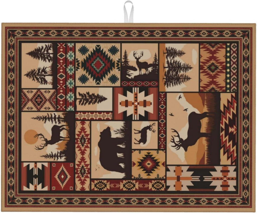 Western Wildlife Geometric Dish Drying Mat for Kitchen Counter, Absorbent Microfiber Washable Drying Pad for Dishes, Absorption, Foldable, Decorative Rustic Kitchen Mat for Sink, Home Decor, 18" x 24"