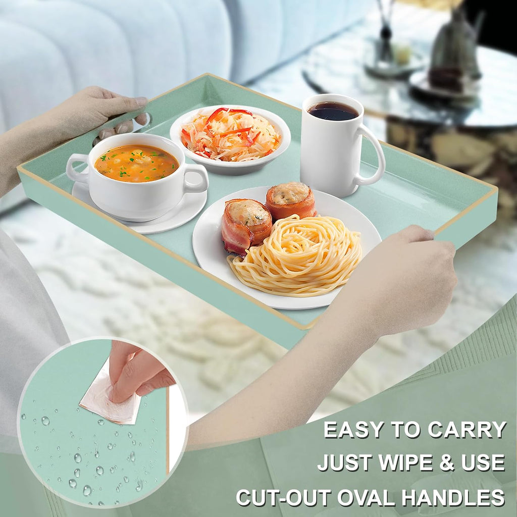 MAONAME Mint Green Serving Tray with Handles, Modern Decorative Trays for Coffee Table, Plastic Rectangular Trays for Ottoman, Bathroom, Decor, 15.8” x 10.2” x1.4