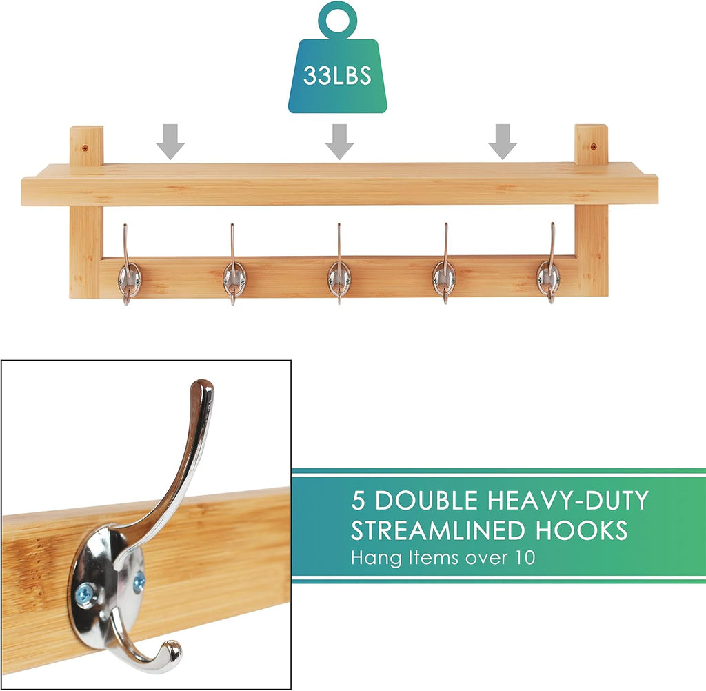 SMIBUY Coat Hooks with Shelf Wall-Mounted, 29.2 Inch Entryway Coat Rack for Wall, Bamboo Hanging Shelf with 5 Double Metal Hooks for Bathroom, Bedroom, Kitchen, Living Room, Mudroom (Natural)